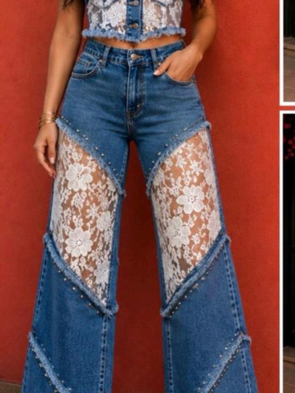 High-Rise Blue Lace-Panel Flare Jeans